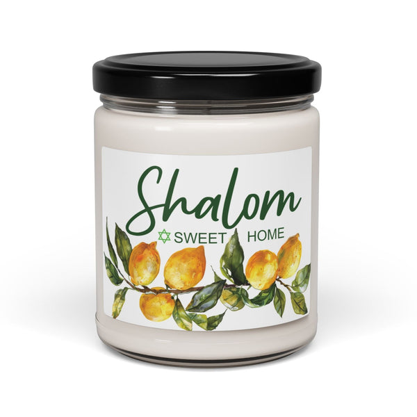 Candle jar with 'Shalom Sweet Home' label featuring lemons on a white background