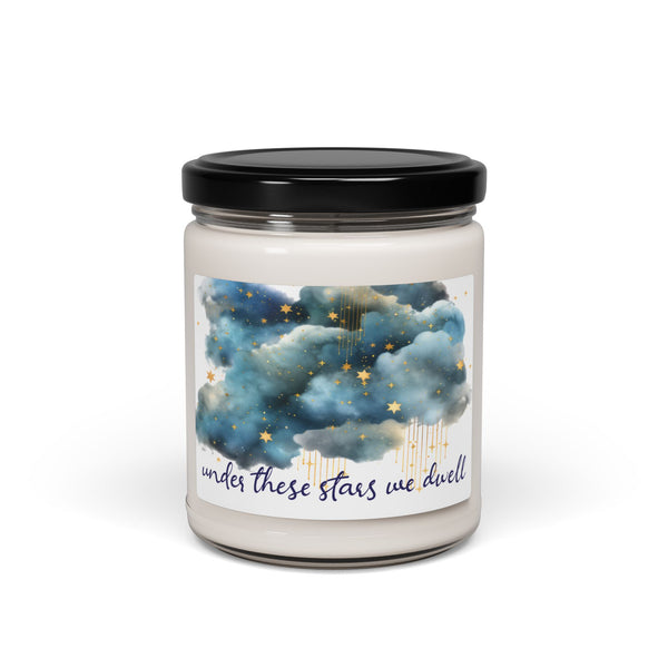 Candle jar with a starry night design and text on a white background