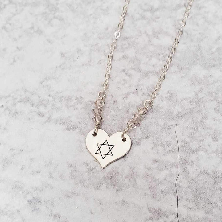 Star of david heart necklace with crystal accent