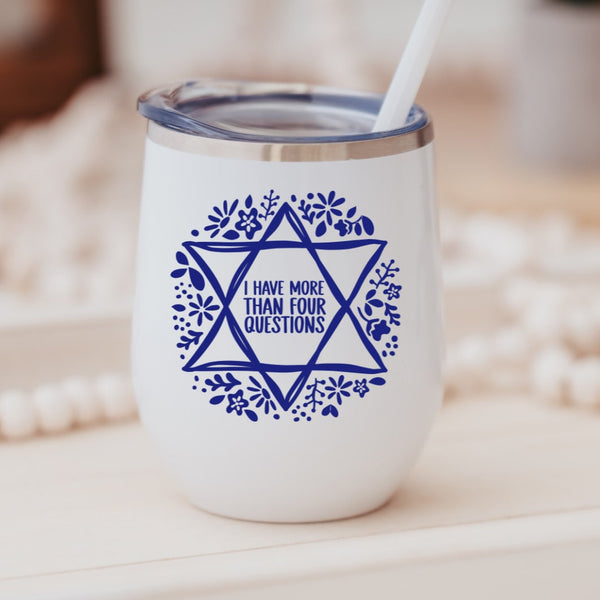 Four Questions Funny Passover Cup | Insulated Wine Tumbler for Pesach Salt and Sparkle