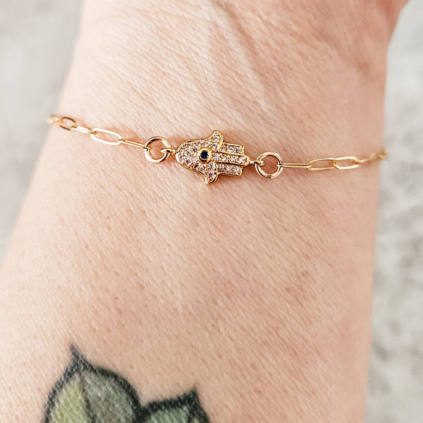 Dainty Gold or Silver Crystal Hamsa Evil Eye Bracelet