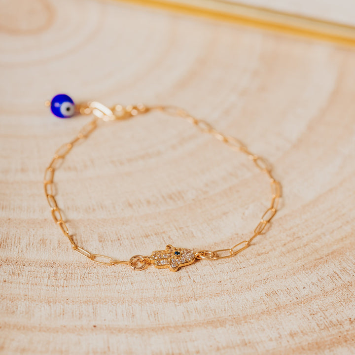 Dainty Gold or Silver Crystal Hamsa Evil Eye Bracelet