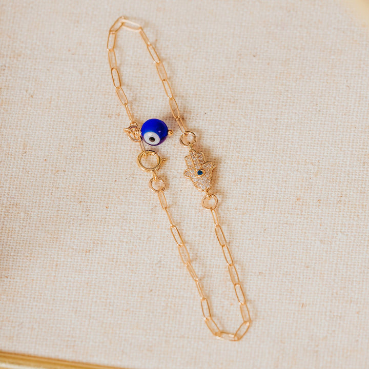 Dainty Gold or Silver Crystal Hamsa Evil Eye Bracelet