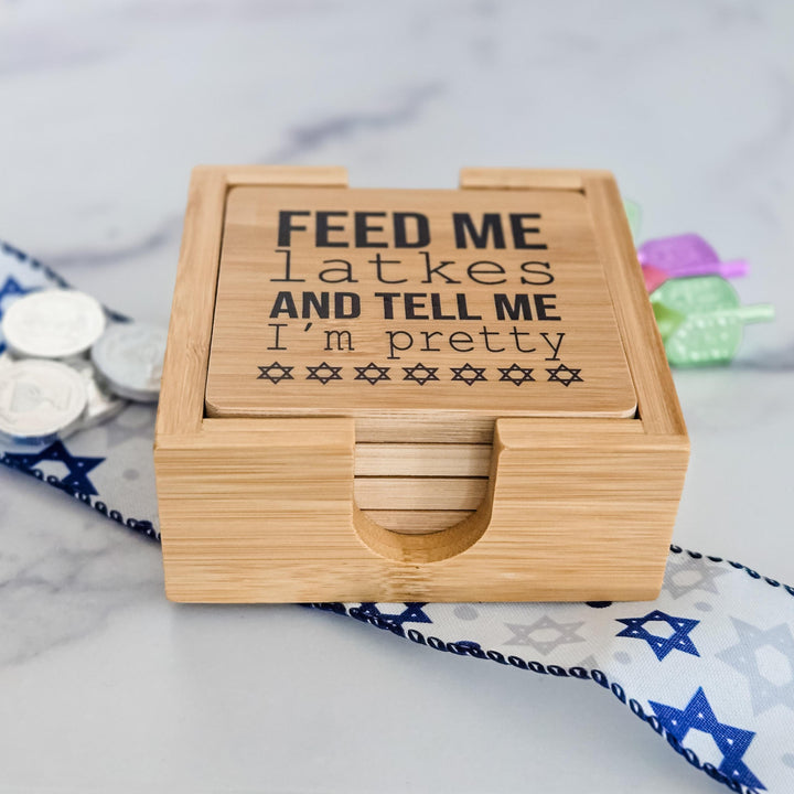 Set of four Hanukkah bamboo coasters with optional personalized holder