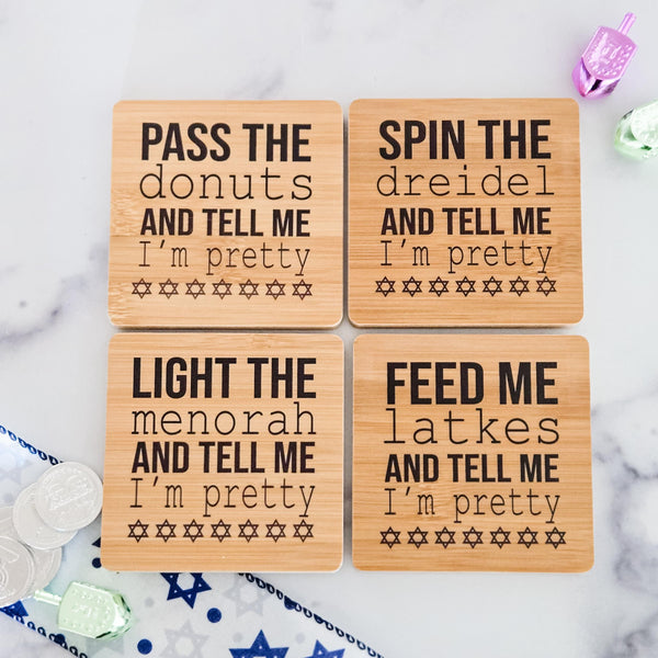 Tell Me I’m Pretty Hanukkah bamboo coaster set with holder – funny Jewish gift